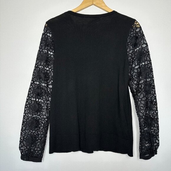 Ann Taylor Loft Sweater Size L Black Lace Long Sleeve Sheer Wool blend - Picture 2 of 12